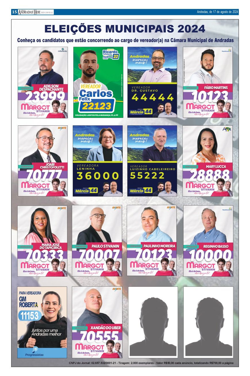 ELEIÇÕES MUNICIPAIS 2024 - CONHEÇA ALGUNS DOS CANDIDATOS QUE ESTÃO CONCORRENDO AO CARGO DE VEREADOR(A) NA CÂMARA MUNICIPAL DE ANDRADAS.