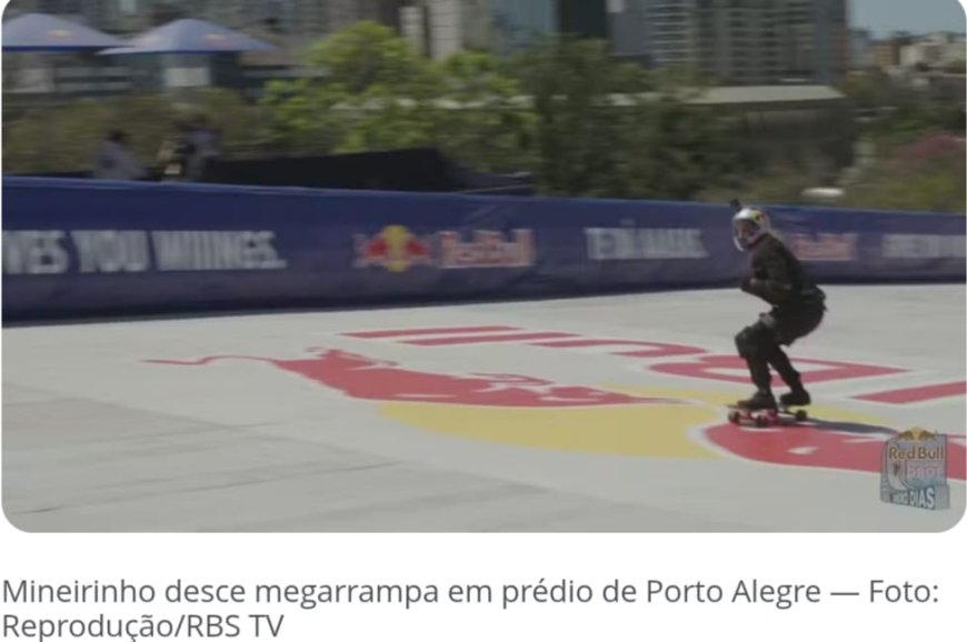 skatista Mineirinho bate recorde ao descer megarrampa de prédio em Porto Alegre a 70 metros.