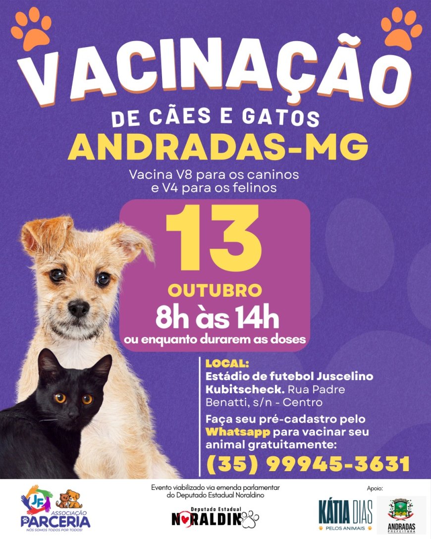 Prefeitura de Andradas promove vacinação gratuita para cães e gatos na próxima segunda-feira