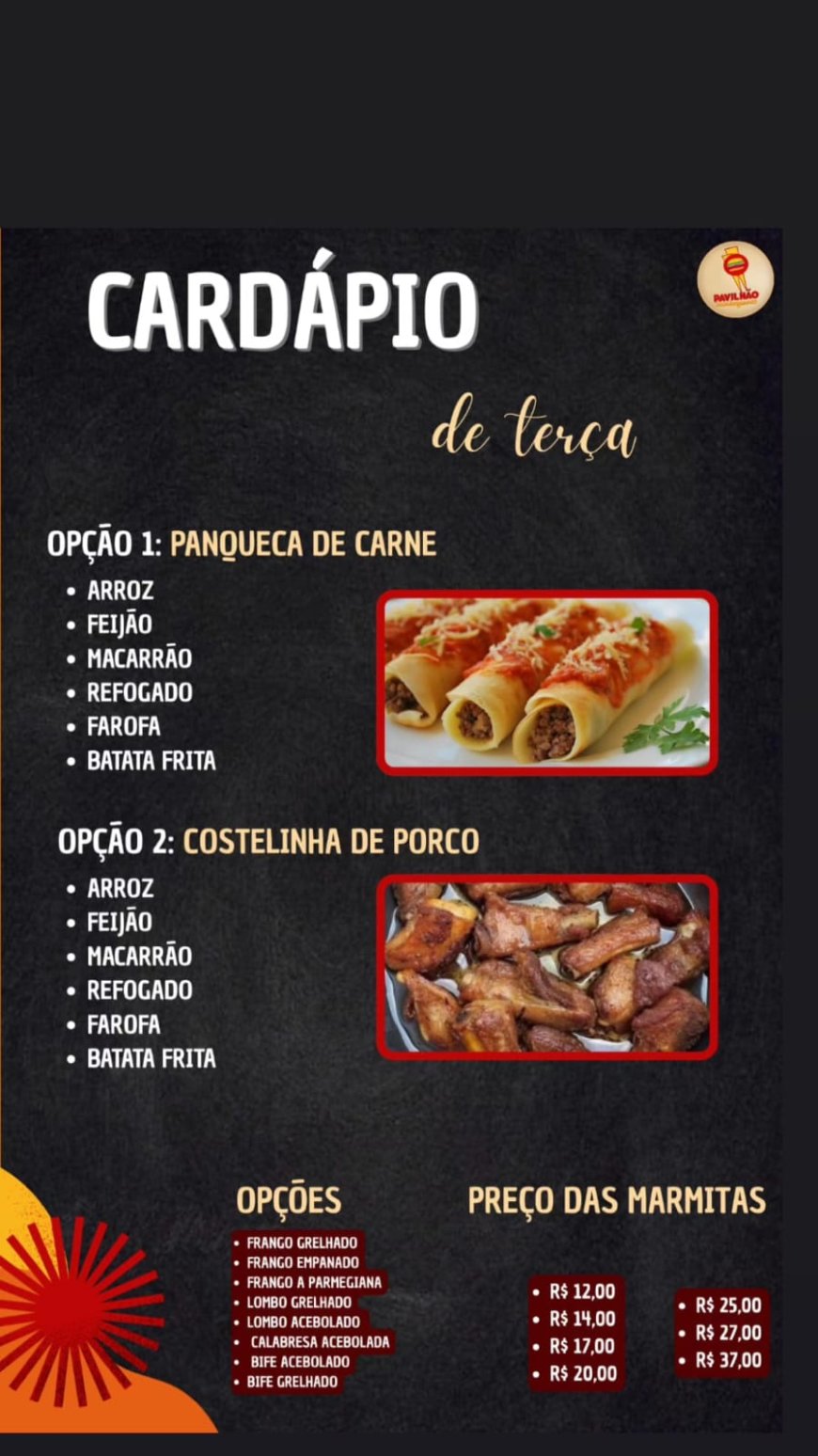 Cardápio terça-feira 03/02 Pavilhão Restaurante e Hamburgueria