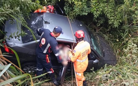 Carro cai em ribanceira na MGC-369 e Bombeiros resgatam passageira presa em Alfenas